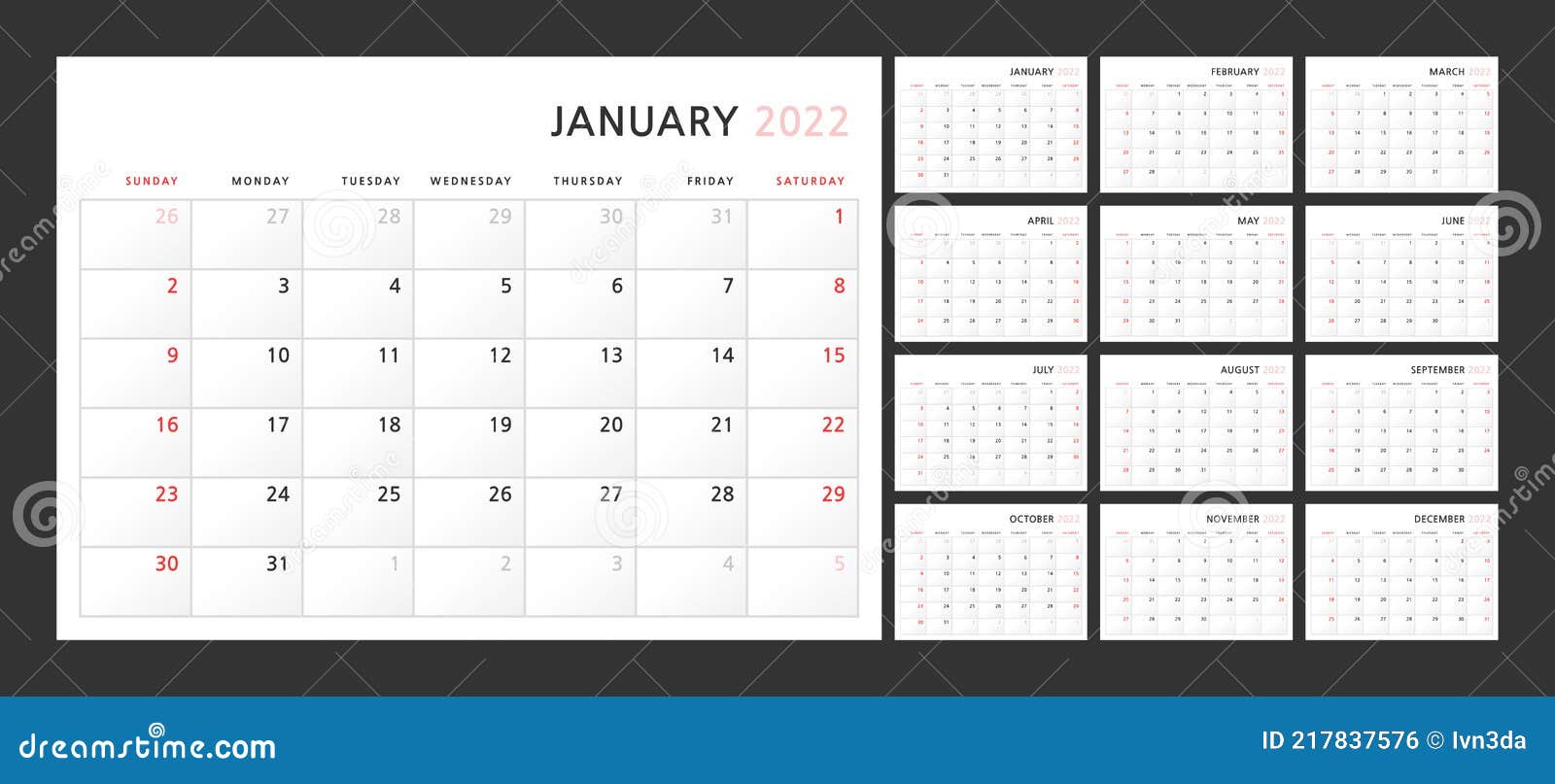 wall quarterly calendar template for 2022 in a classic minimalist style week starts on sunday ready to print stock vector illustration of number english 217837576
