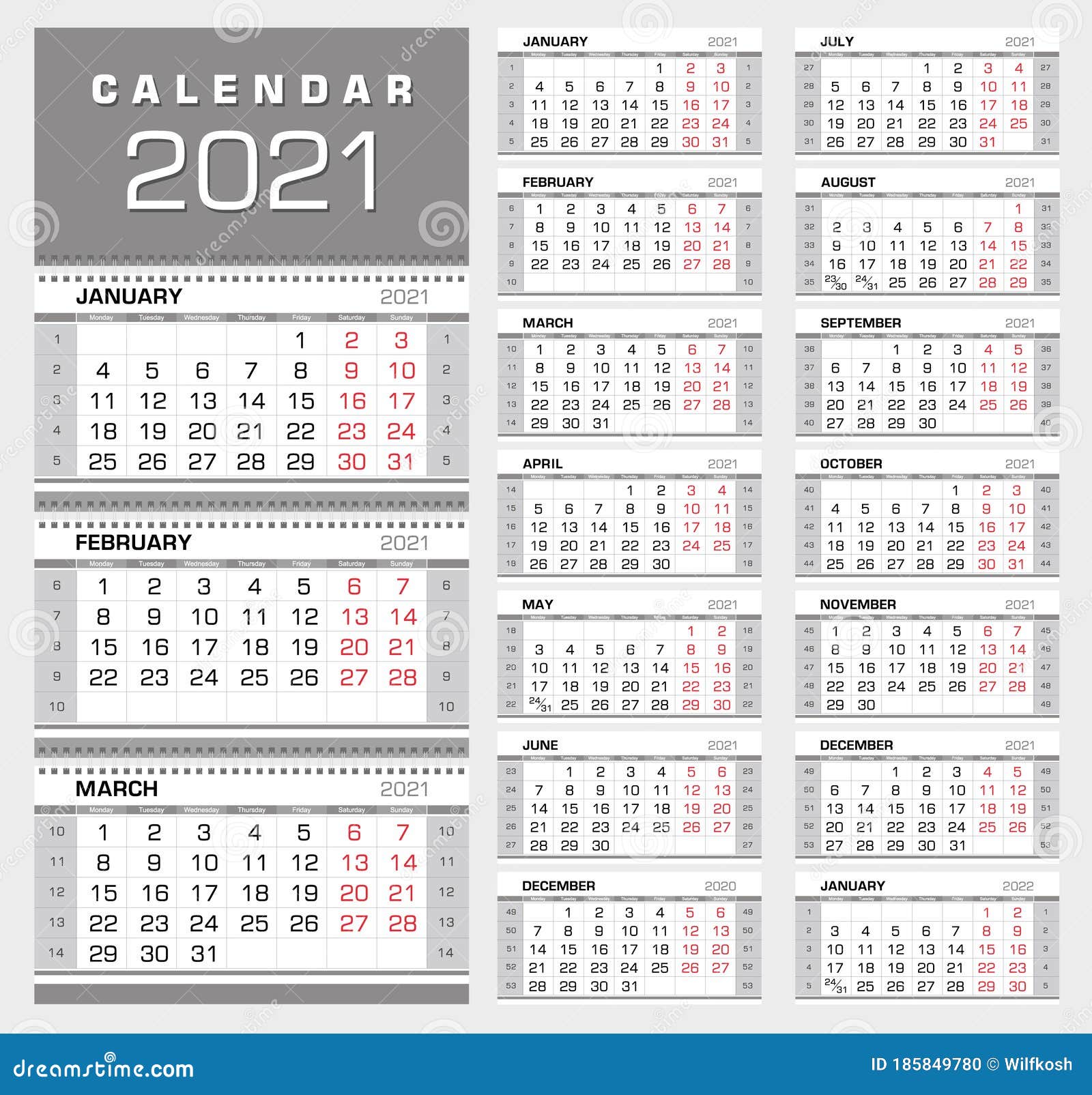 Wall Quarterly Calendar 2021 With Week Numbers Week Start From Monday Stock Vector Illustration Of Black Color 185849780