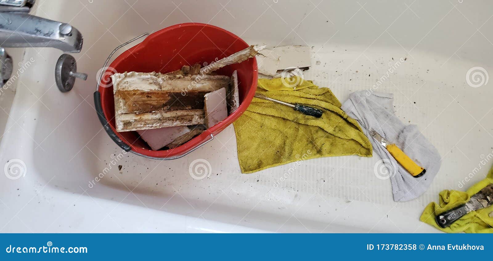 Wall Repair in the Bathroom and Tools in the Bathroom Stock Photo