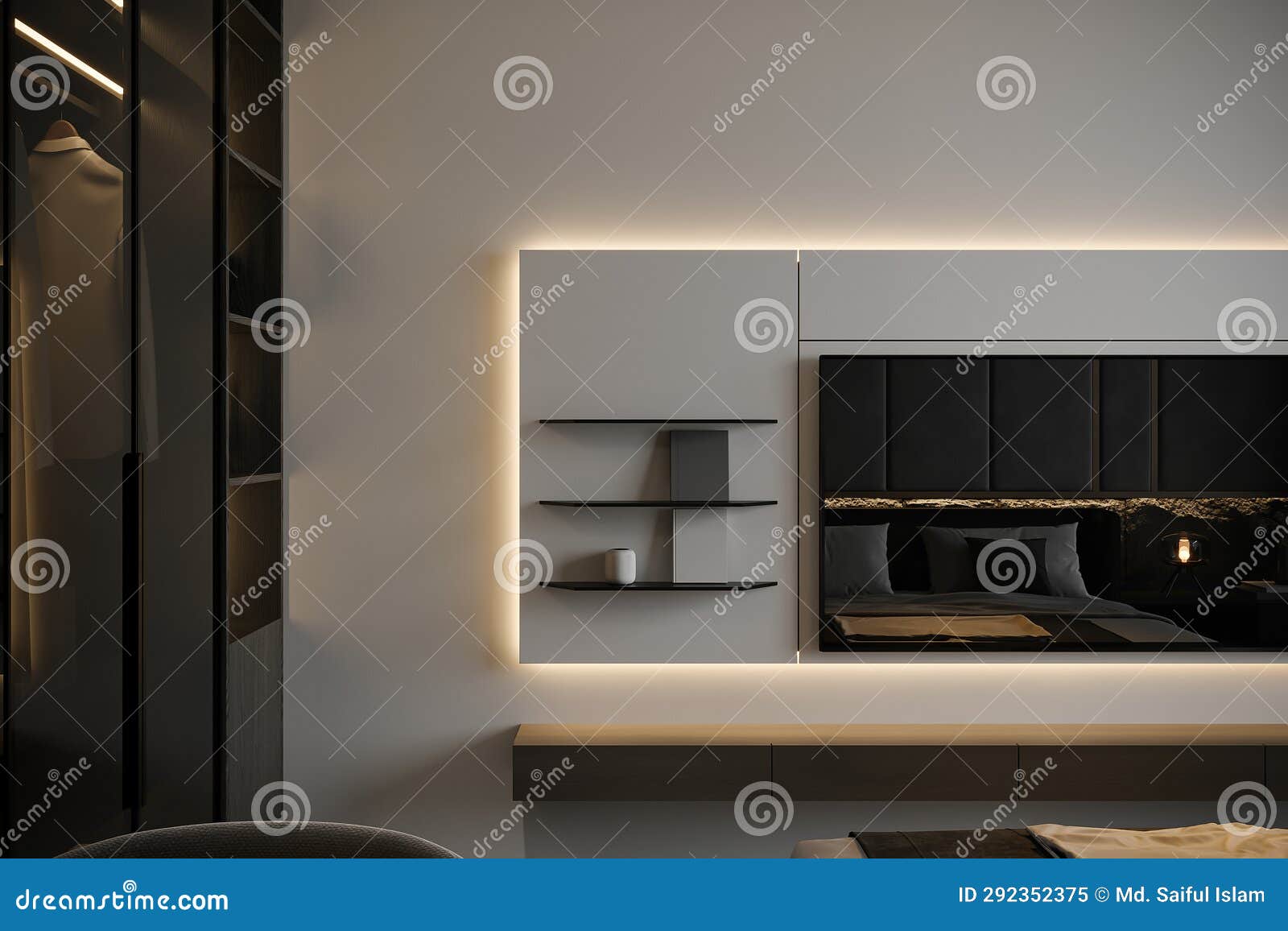 Wall Shelves on the Wall Mounted beside the TV, TV Mounted Cover Up with LED Light, 3D Rendering