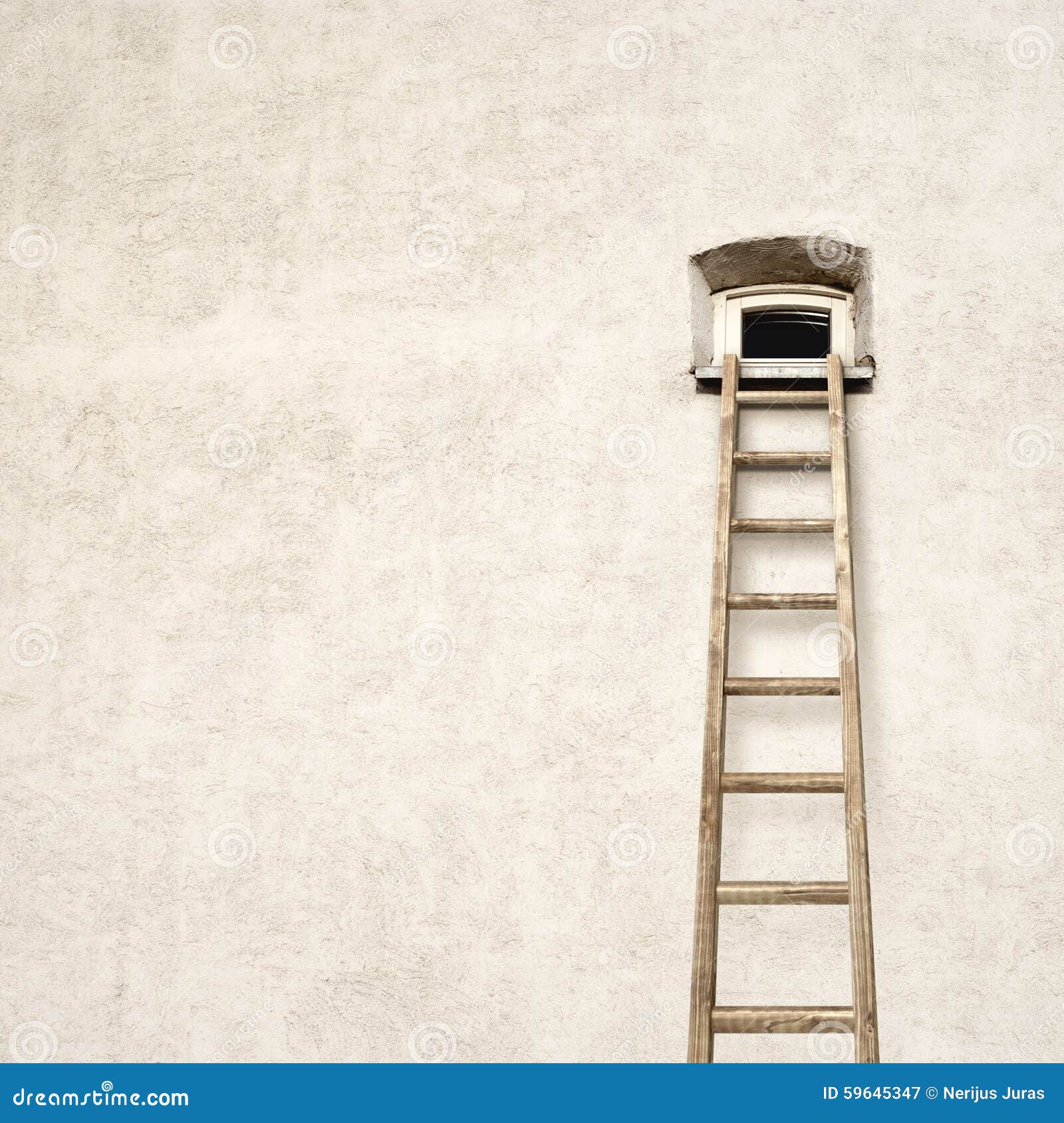 Wall with a Small Window and Wooden Ladder Stock Image Image of