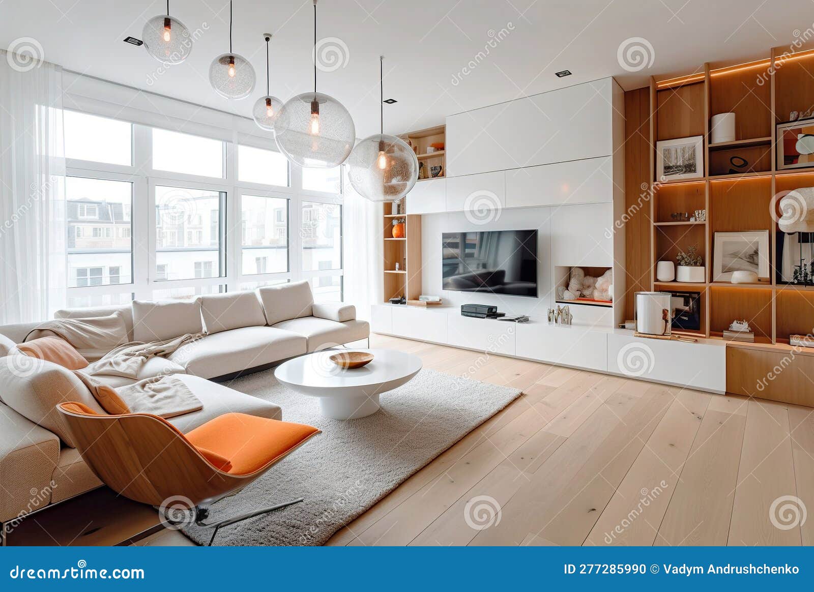 TV Unit In Living Room With Yellow TV On The Wall. Stock Photo