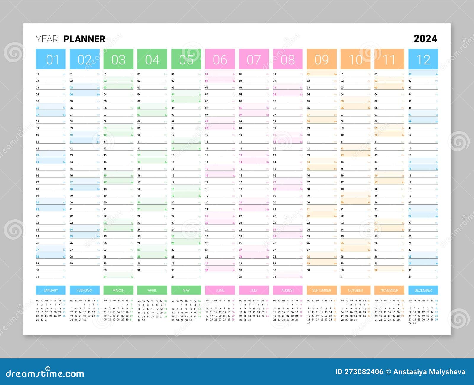 Wall Yearly Planner, Calendar for 2024, Colorful Organizer