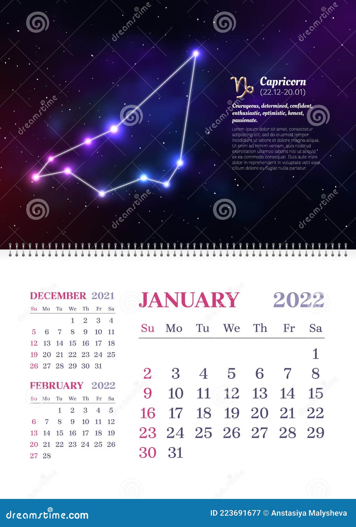 Wall Zodiac Calendar of January in Vertical Format Stock Vector ...