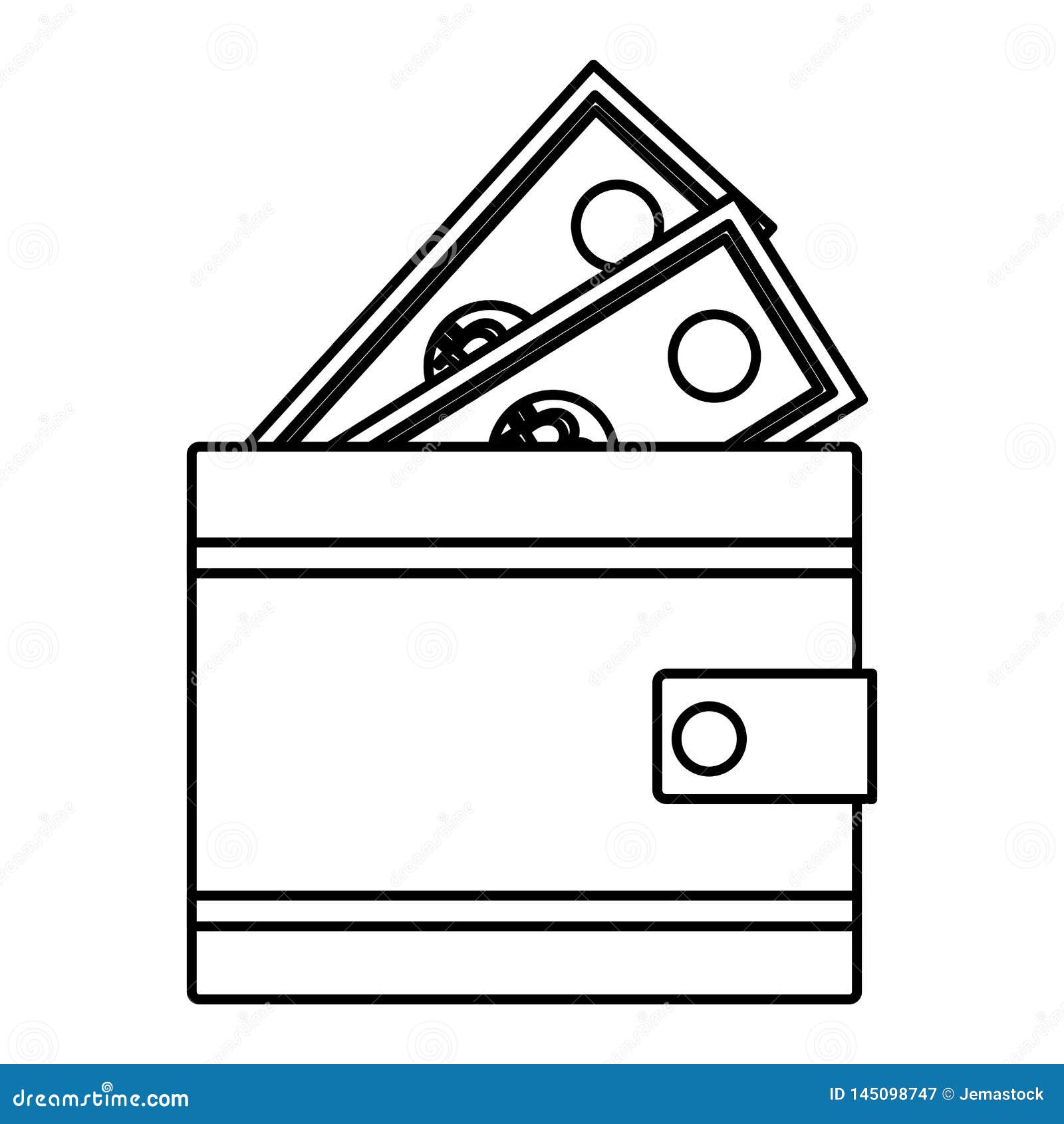 Wallet With Bills Black And White Stock Vector - Illustration of saving, card: 145098747