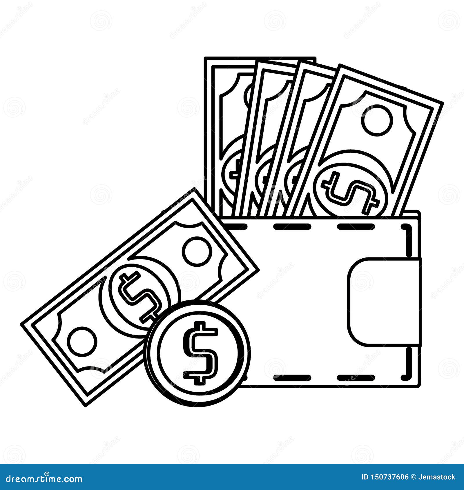 Wallet with Cash and Coin Money Symbol in Black and White Stock Vector ...