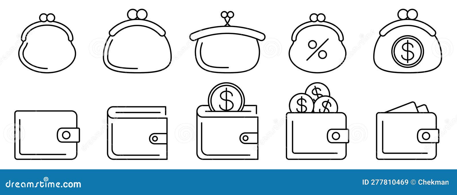 Wallet Icon. Set of Black Linear Icons of Wallets. Wallets Logo Design