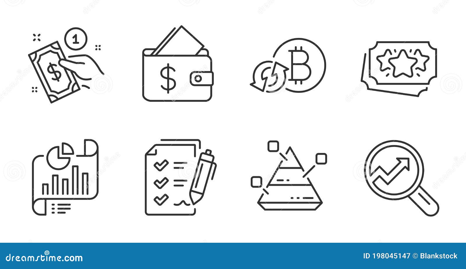 Wallet, Loyalty Points and Report Document Icons Set. Refresh Bitcoin