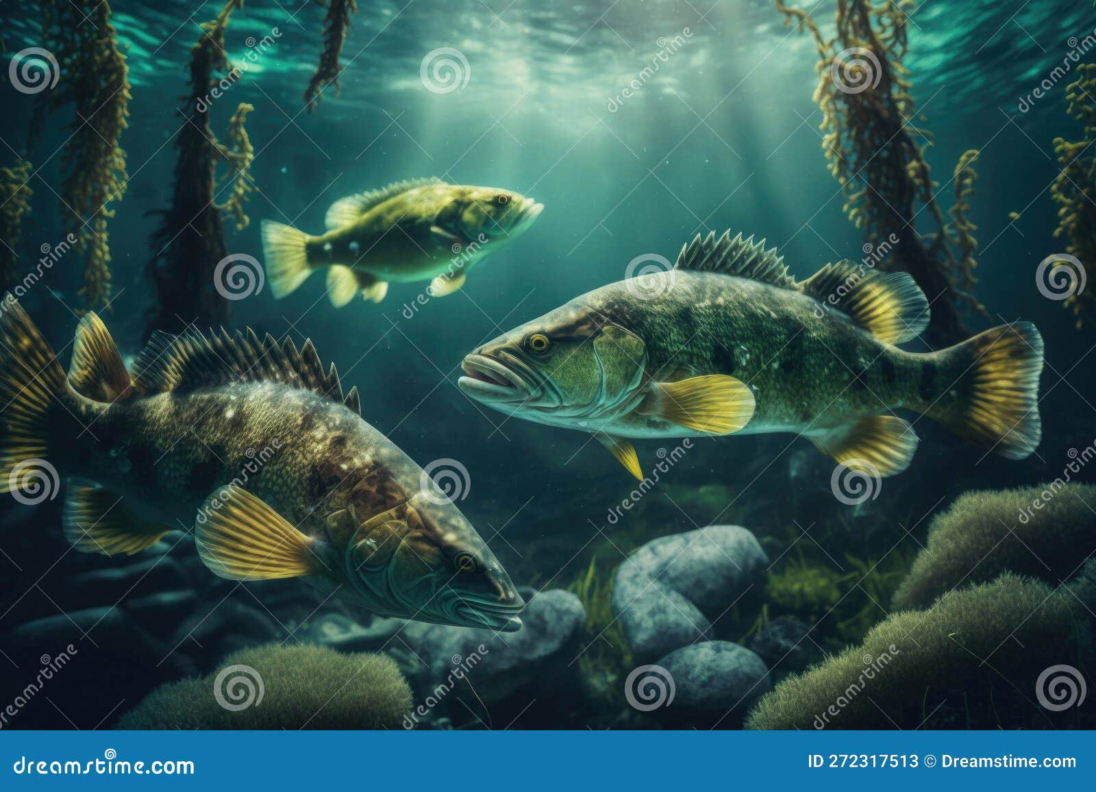 Walleye Fish Underwater Lush Nature by Generative AI Stock