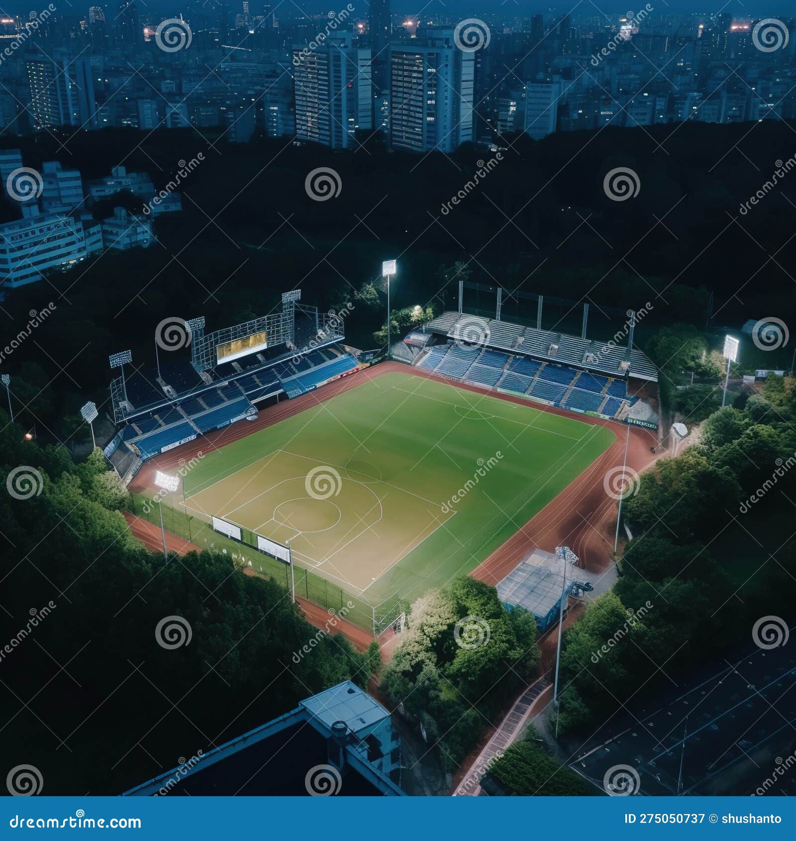 General View of Illuminated Baseball Stadium and Playground from the