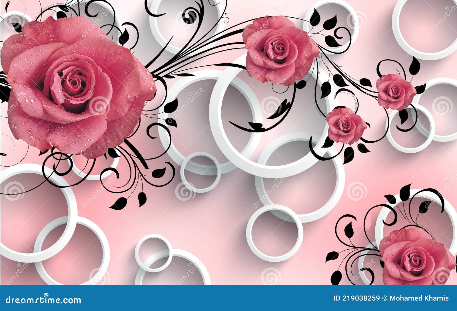 3d Wallpaper Red Flowers with Black Branches and White Circles on a Pink  Background Stock Image - Image of home, background: 219038259