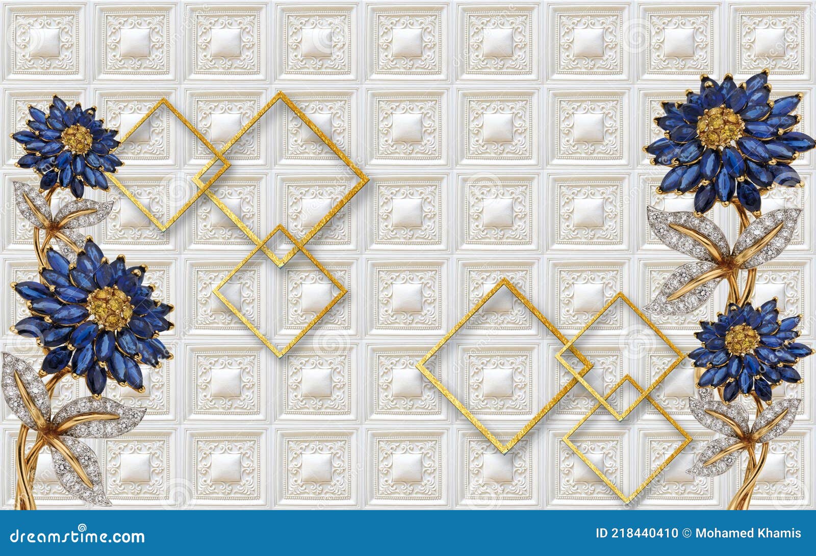 3d wallpaper blue diamond flowers with golden branches leather background