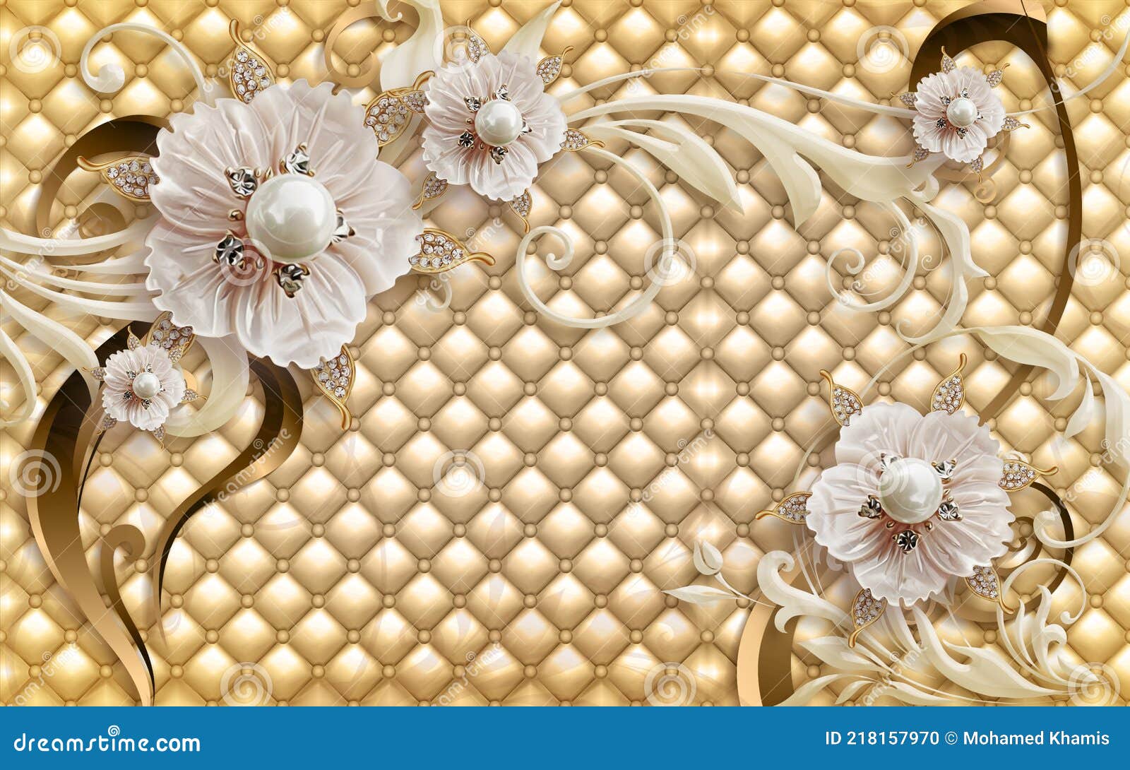 3d Wallpaper Diamond Flowers on Golden Leather Background Stock Photo -  Image of jewelry, diamond: 218157970