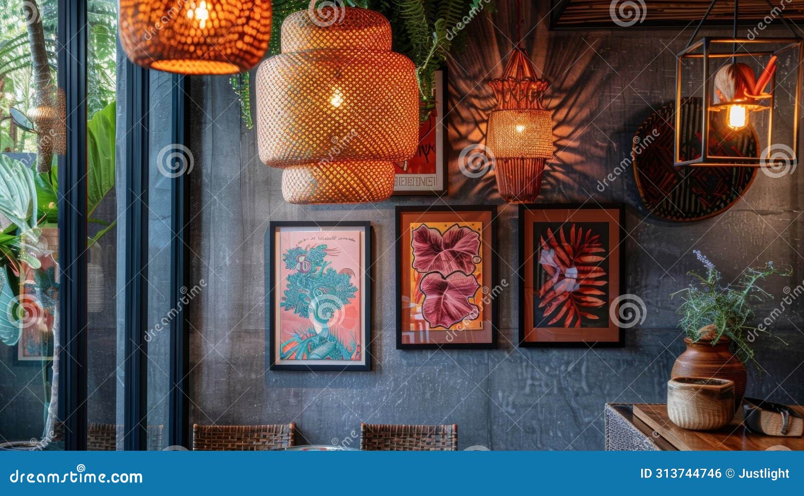 the walls are adorned with a mix of vintage and modern art pieces creating an eclectic and visually stimulating