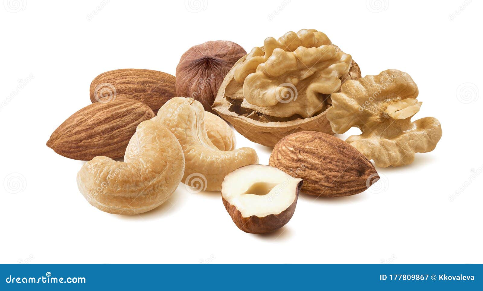Walnut, Almond, Hazelnut and Cashew Nuts Isolated on White Background