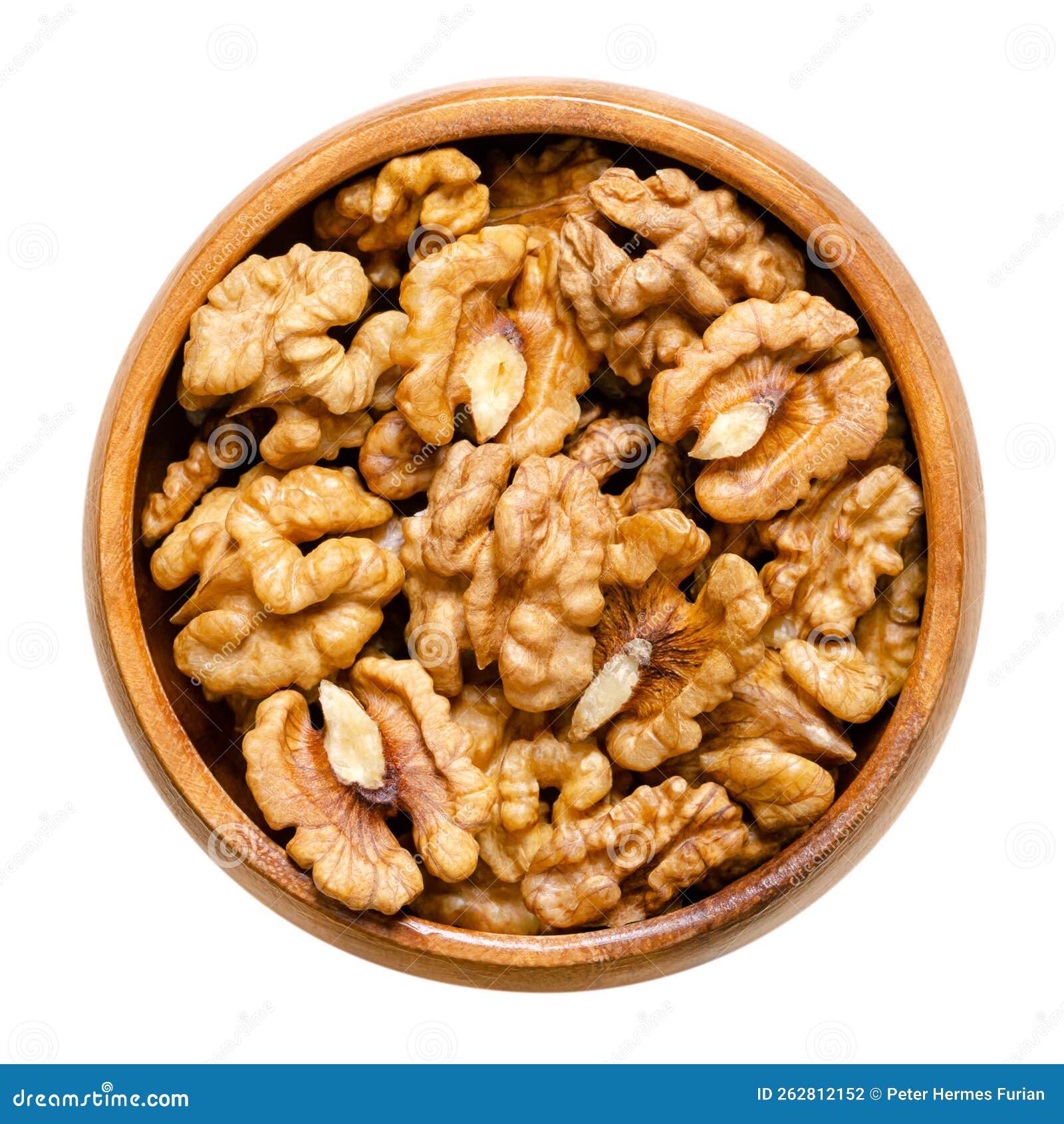 Walnut Kernel Halves, Shelled and Dried Seeds, in a Wooden Bowl Stock