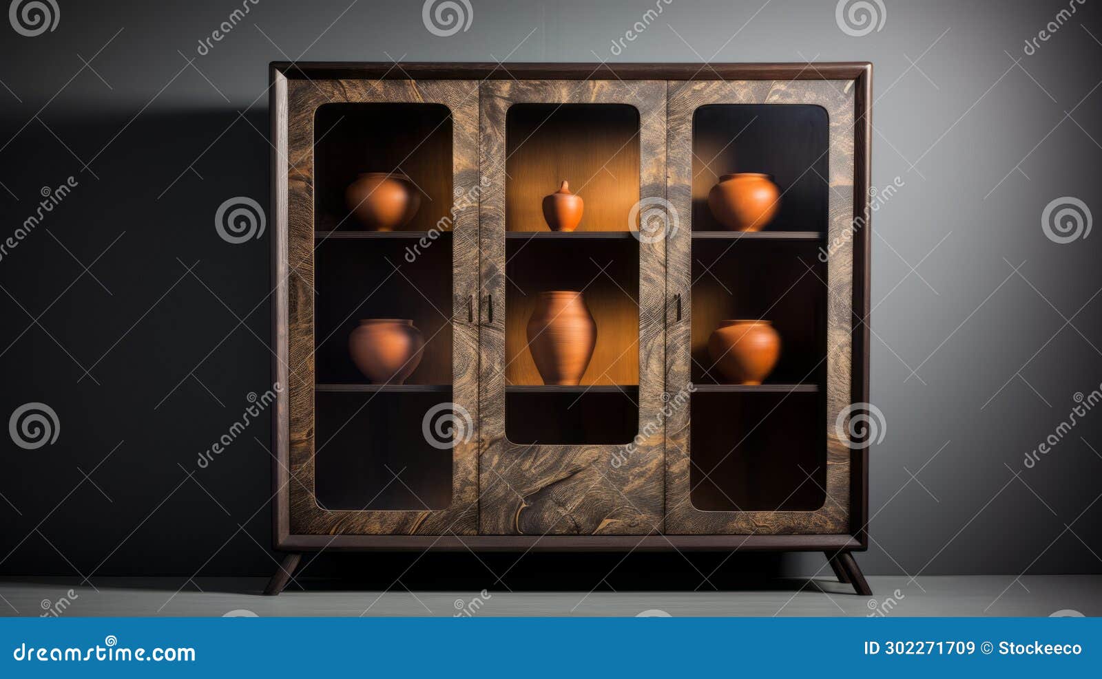 modern dark wood glass cabinet with striated resin veins and earth tones