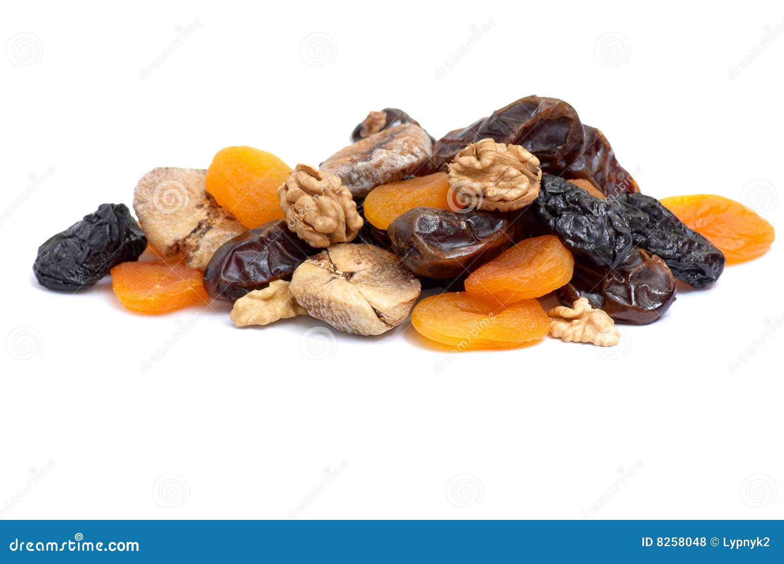 Walnuts And Dried Fruits Collection On White. Stock Photo Image of