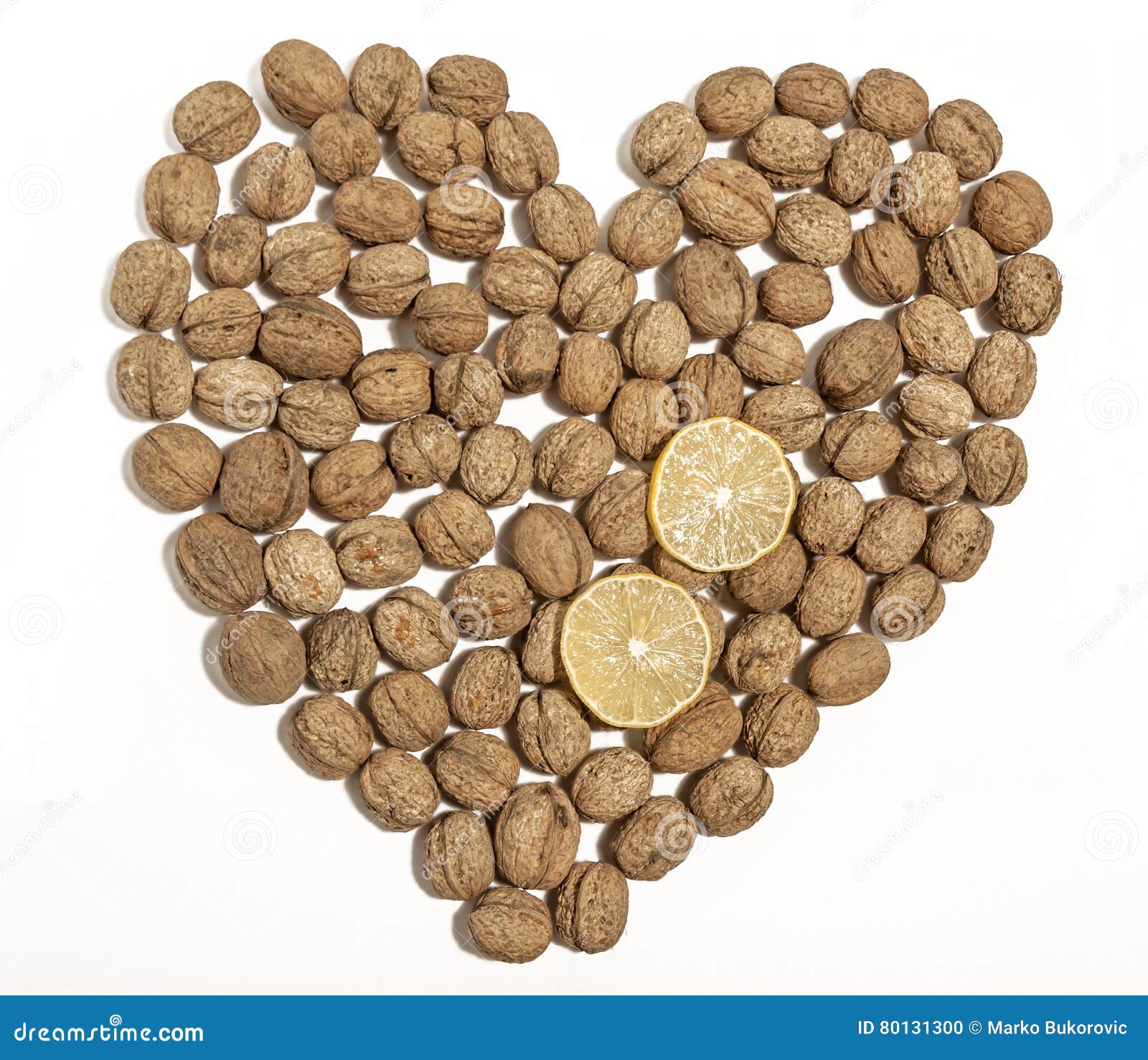 Walnuts Heart Shaped with Two Sliced Lemons Stock Photo Image of