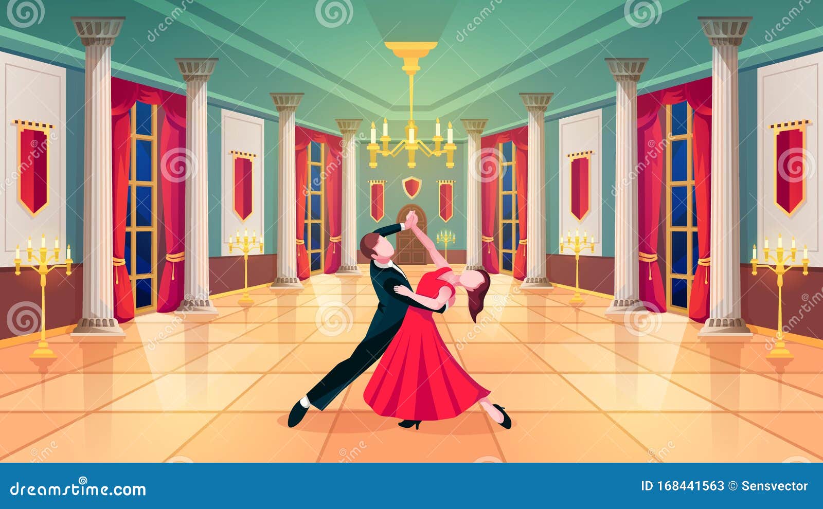 waltz dancers in royal palace ballroom hall
