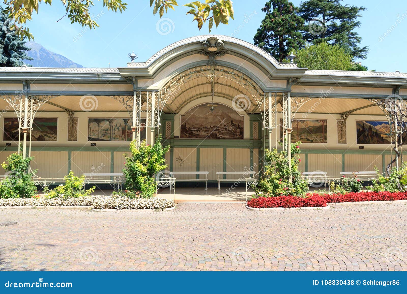 wandelhalle building with bench in merano, south tyrol