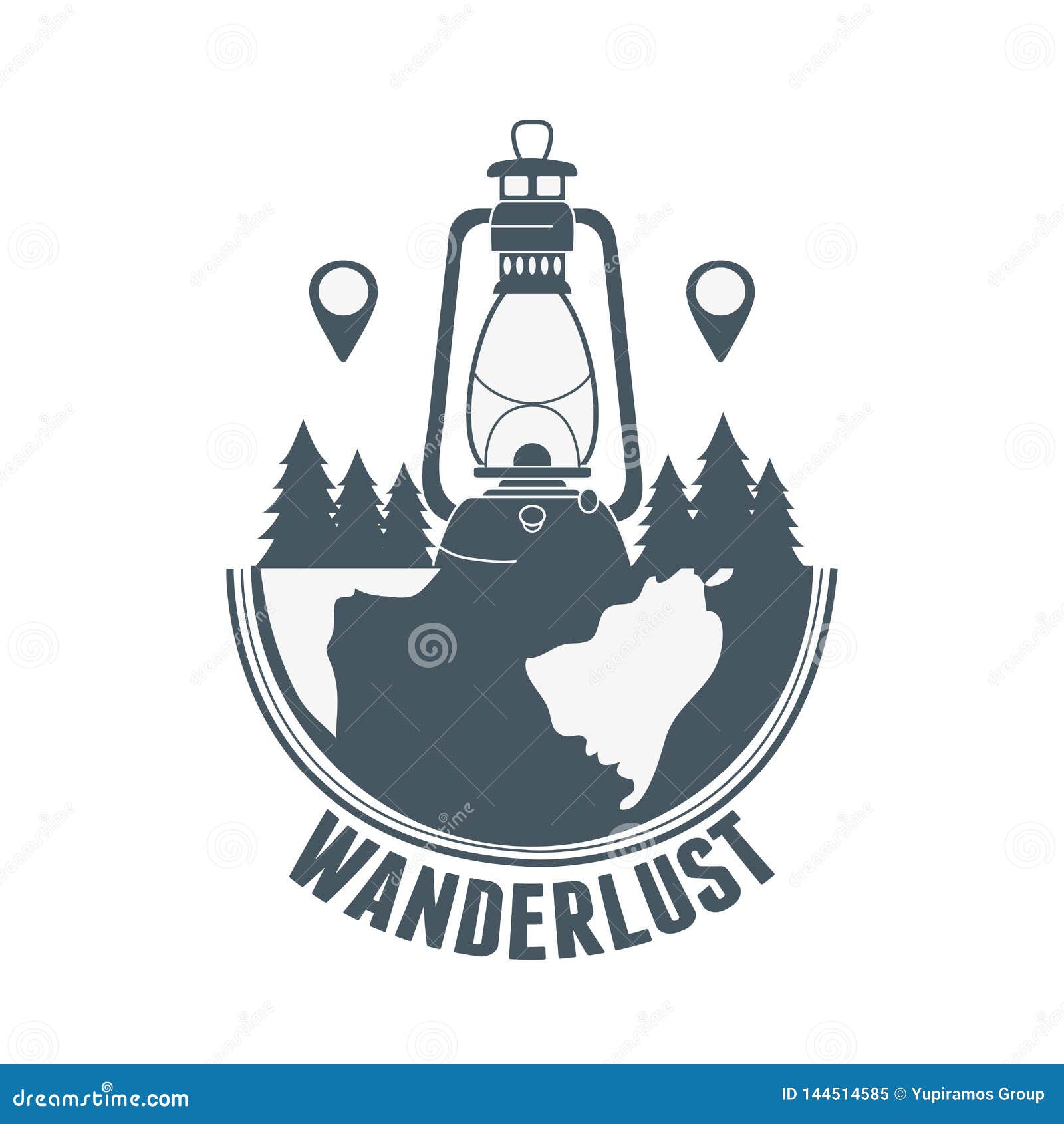 Wanderlust Label with Forest Scene and Kerosene Lamp Stock Vector