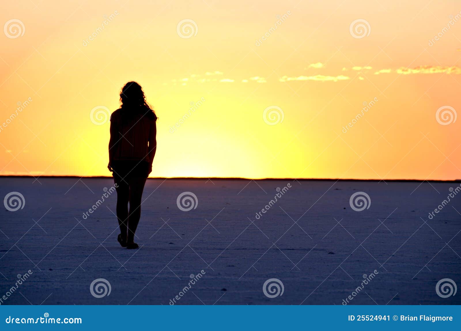 Wandernder Forscher. Eine Frau steht auf dem Horizont eines Sonnenaufgangs an den Salz-Ebenen in Utah, Staaten von Amerika.