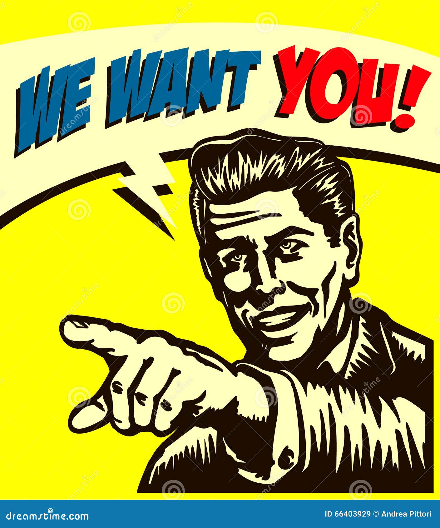 want you! retro businessman with pointing finger, job vacancy we're hiring now sign, comic book style 