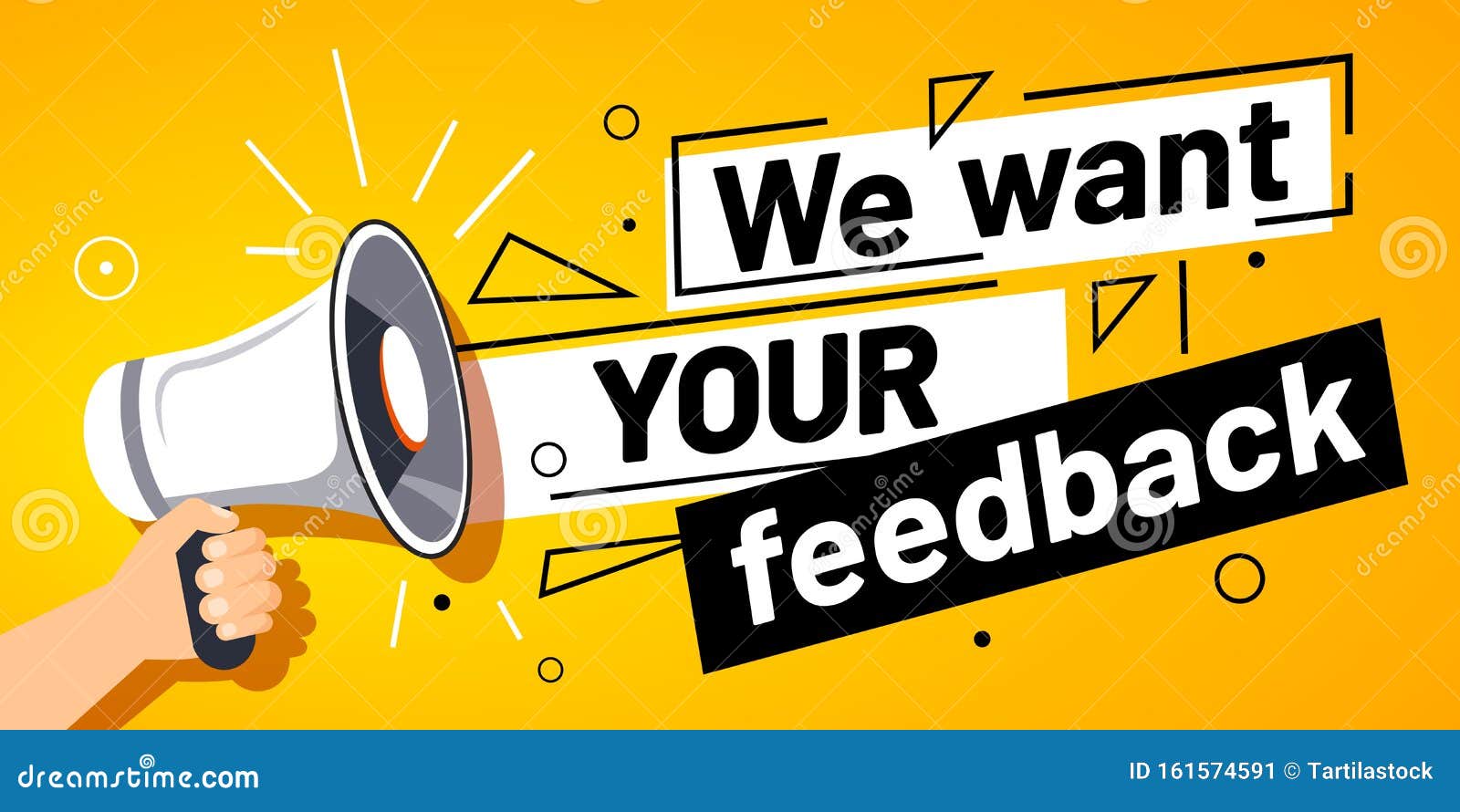 we want your feedback. customer feedbacks survey opinion service, megaphone in hand promotion banner  