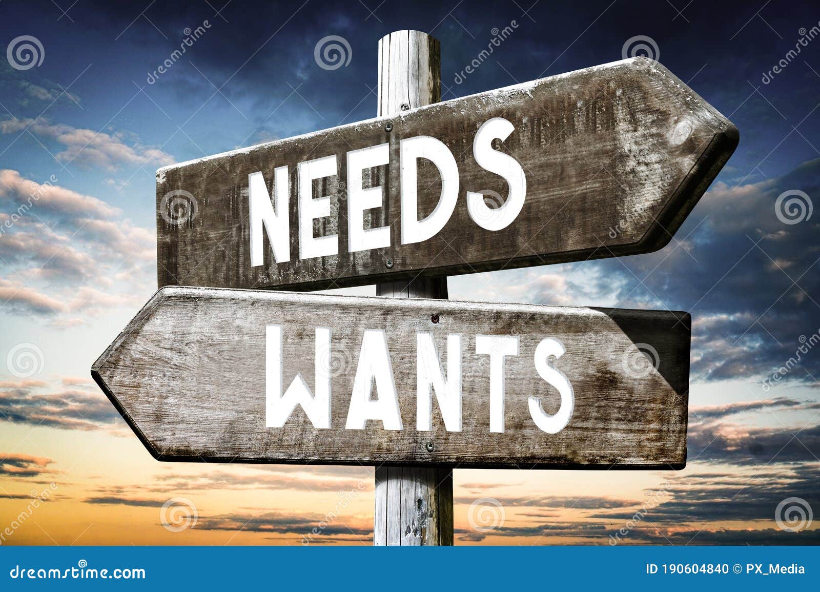 wants, needs - wooden signpost, roadsign with two arrows