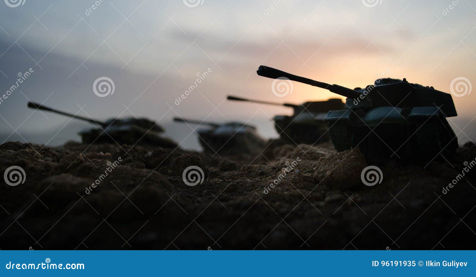 War Concept. Military silhouettes fighting scene on war fog sky background, World War Soldiers Silhouettes Below Cloudy Skyline At night. Attack scene. Armored vehicles. Tanks battle. Decoration