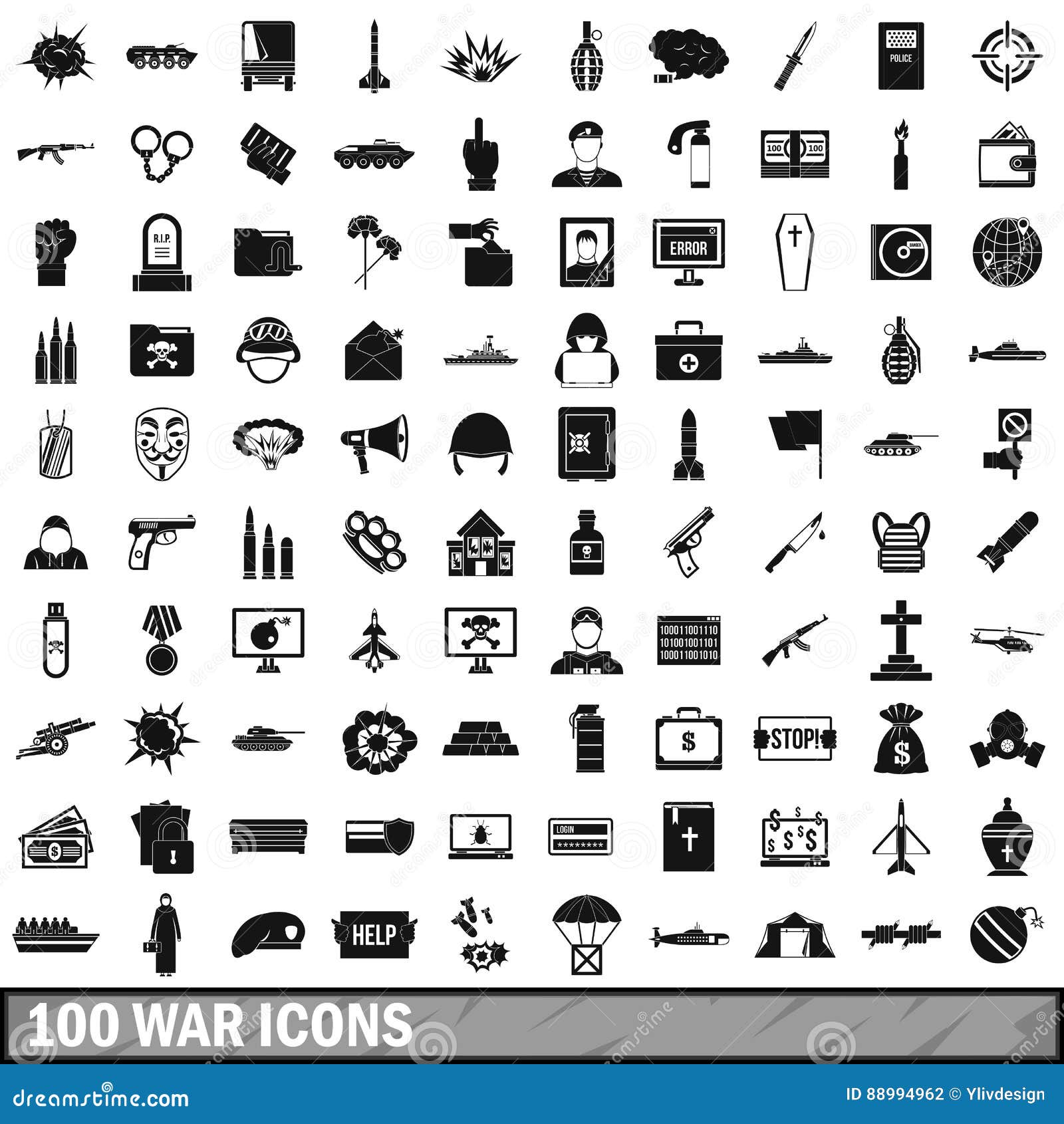 100 War Icons Set, Simple Style Stock Vector Illustration of grave