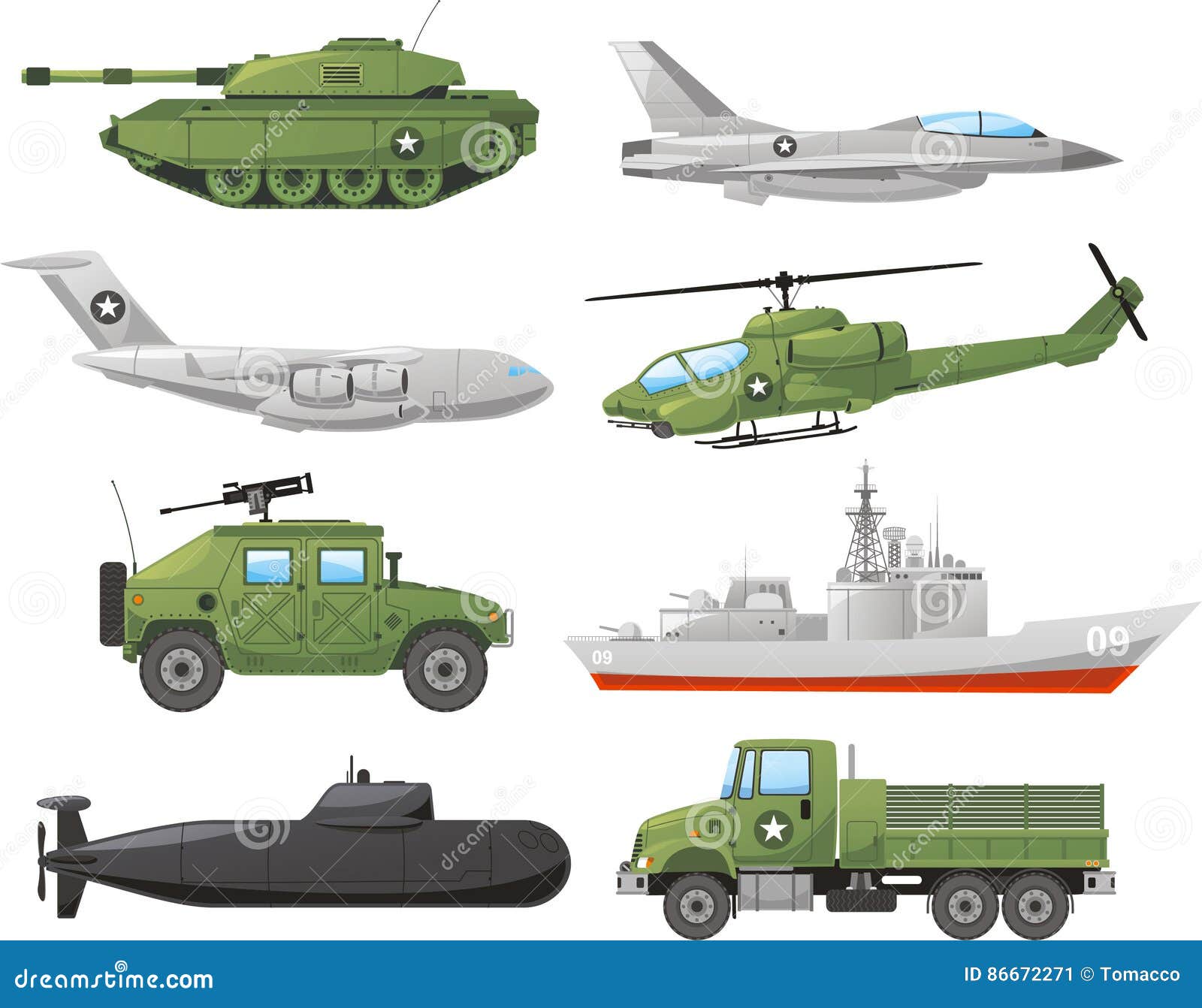 war vehicles color icon set