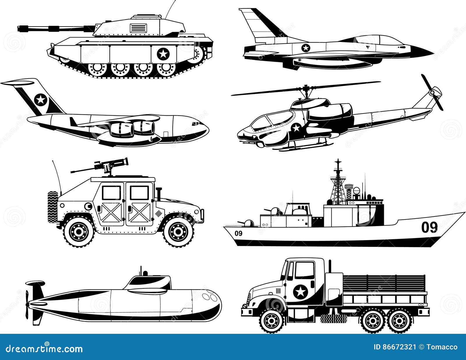 war vehicles detailed icon set