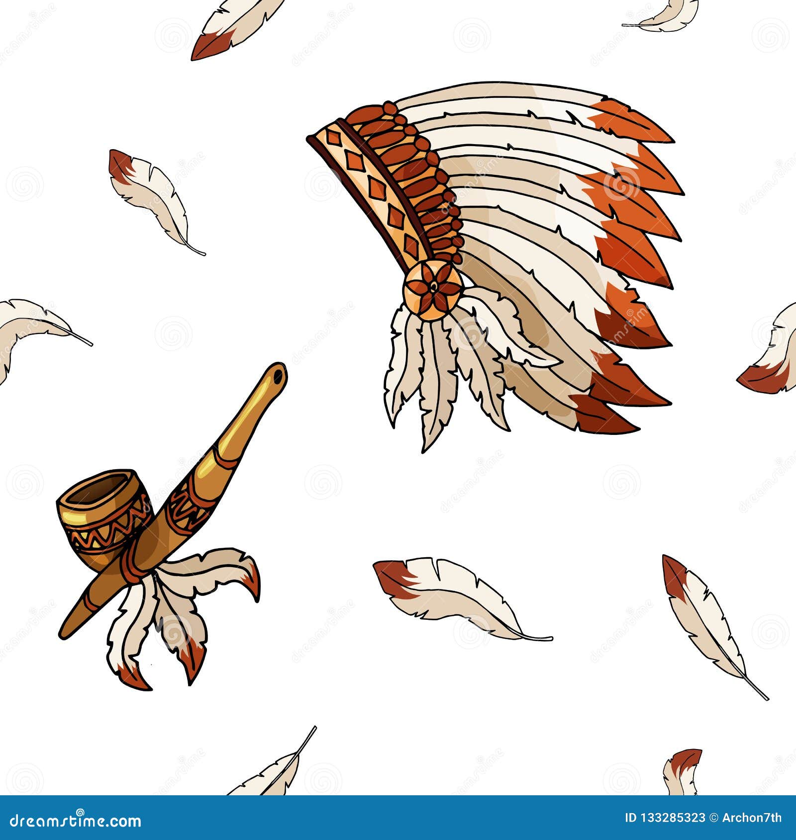 Warbonnet on White Background. Rough Festival Feathers Seamless Pattern ...