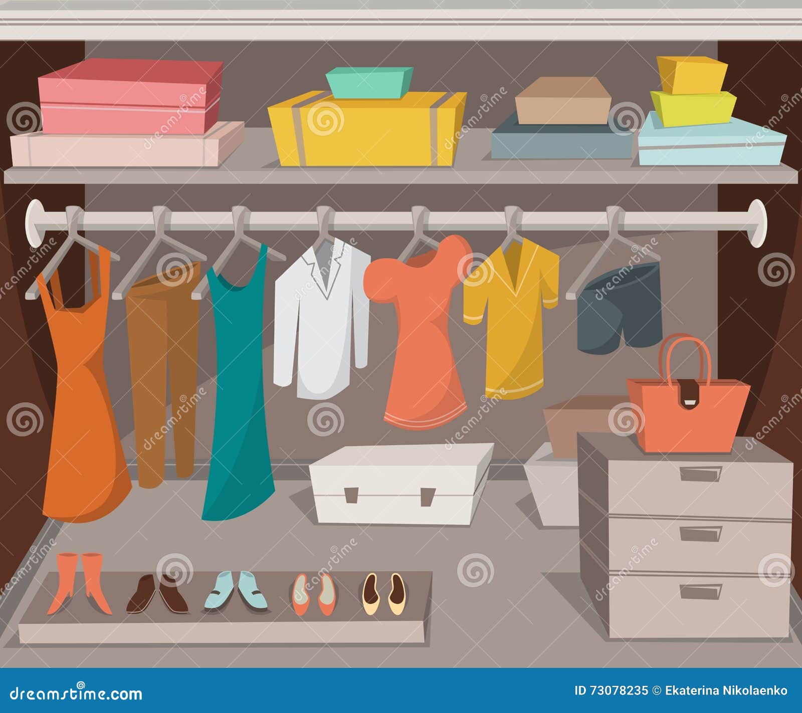 Wardrobe Room with Clothes, Shoes and Boxes. Stock Vector ...