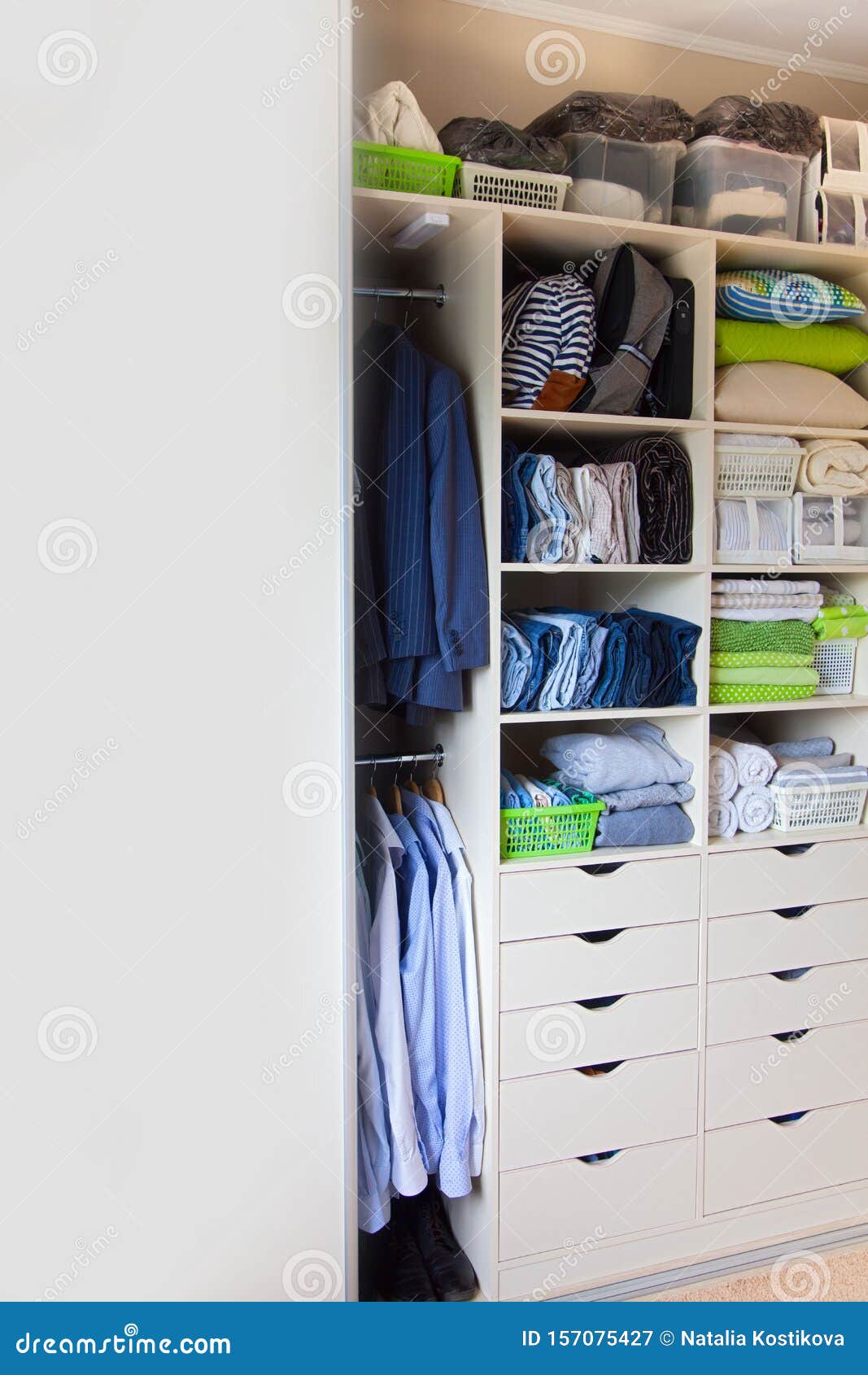 Wardrobe with Women`s and Men`s Clothing. Drawers with Underwear, Bed  Linen, Socks and Shirts Stock Image - Image of shoes, pants: 157075427