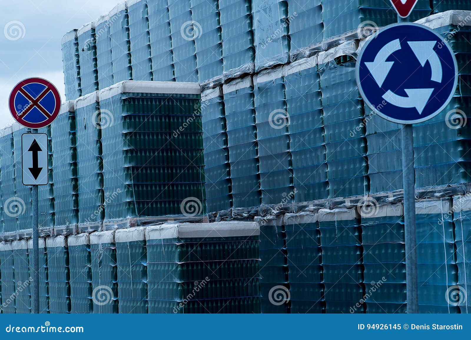 Warehouse with Boxes Full of Empty Glass Bottles with Two Signs Stock Image Image of facade