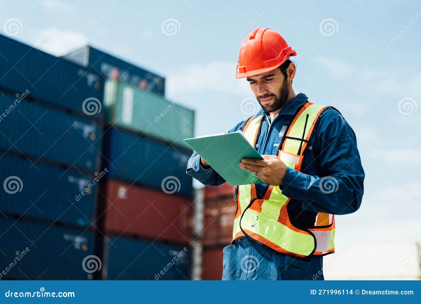 Warehouse Engineer Worker Working at Industrial Container Yard Stock