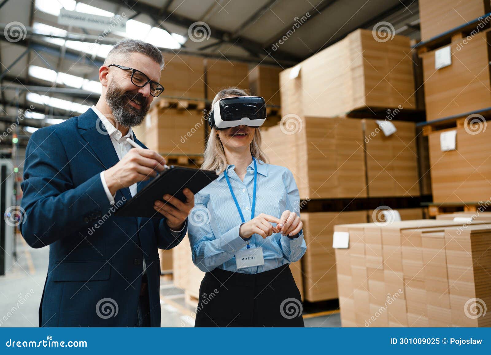 warehouse managers talking logistics using vr, controlling stock levels. virtual reality in inventory management. smart