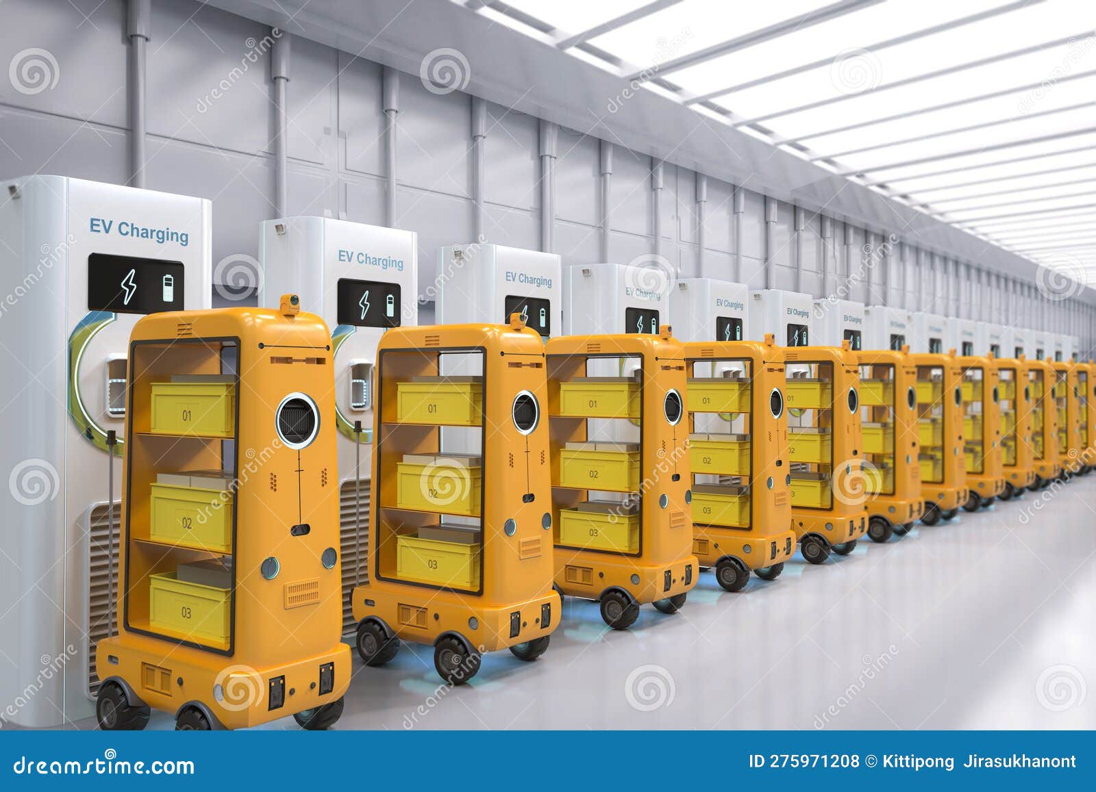 Warehouse Robots Charge with Electric Charging Stations Stock