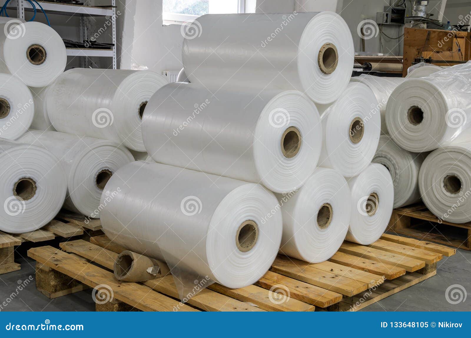 warehouse with rolls of polyethylene