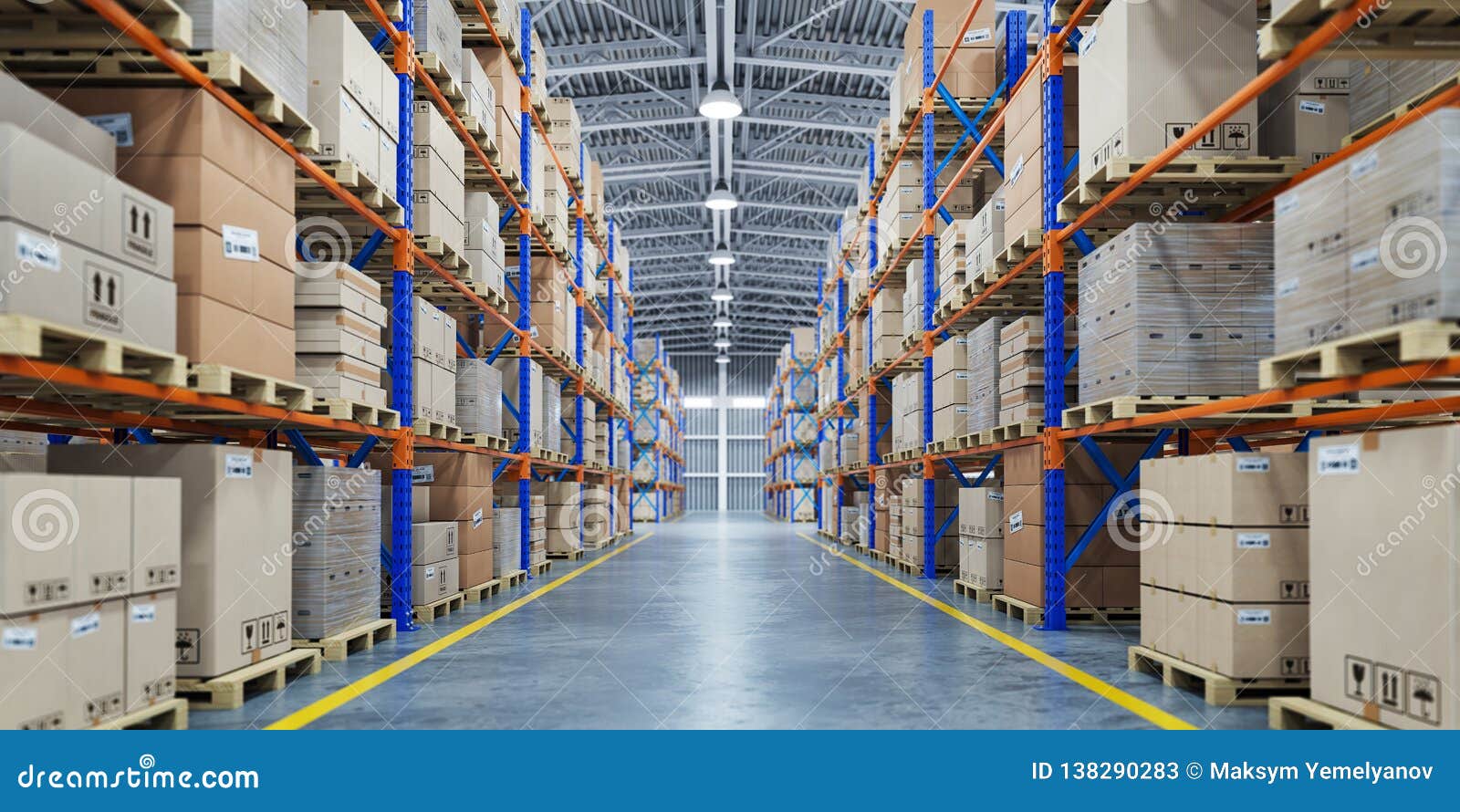 warehouse or storage and shelves with cardboard boxes. industrial background