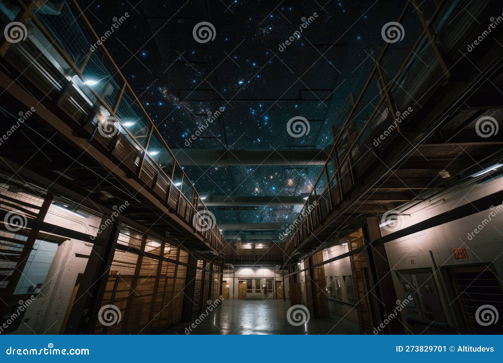 Warehouse, with View of the Night Sky and Stars Visible through the
