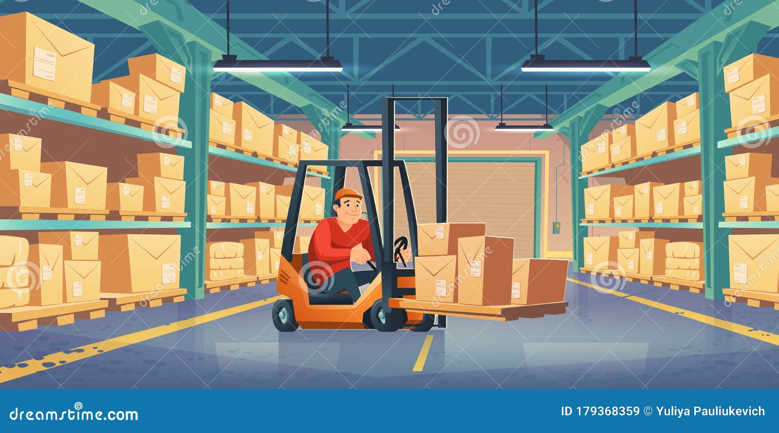 Warehouse With Worker Forklift And Boxes Stock Vector Illustration Of Equipment Factory 179368359