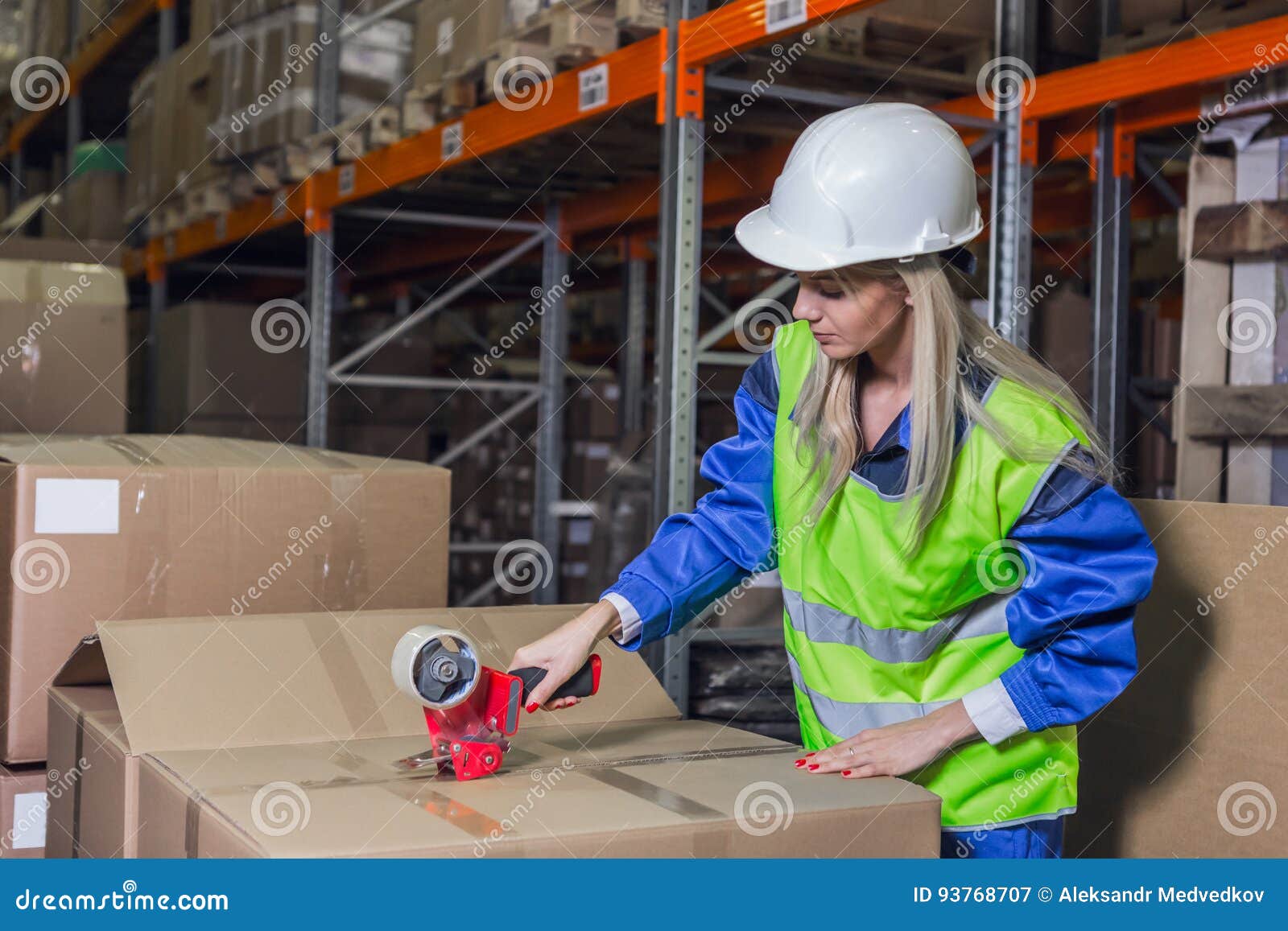 Warehouse Worker Packing Boxes in Storehouse Stock Image Image of