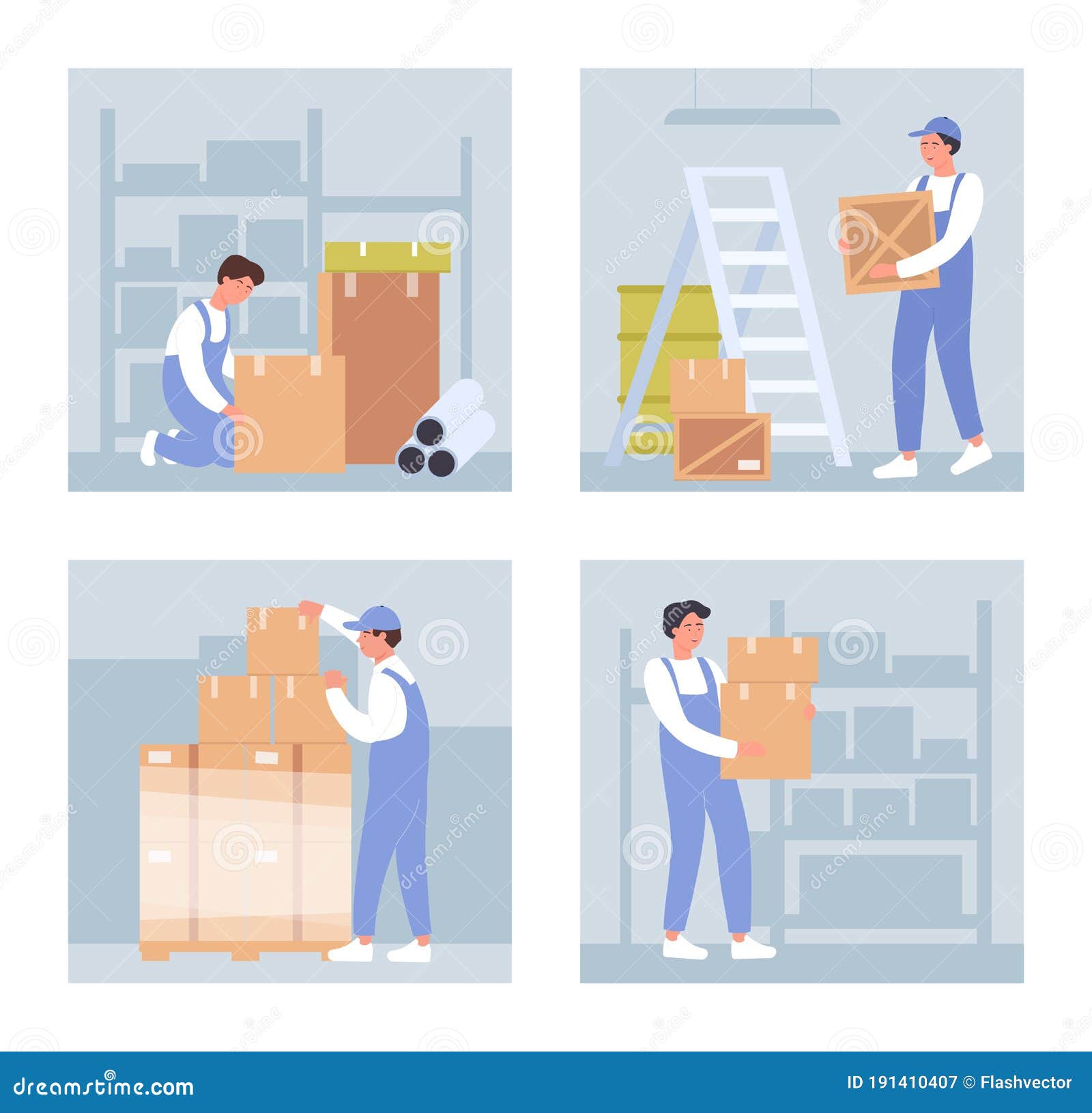 Warehouse Workers Vector Illustrations, Cartoon Flat Warehousing Staff