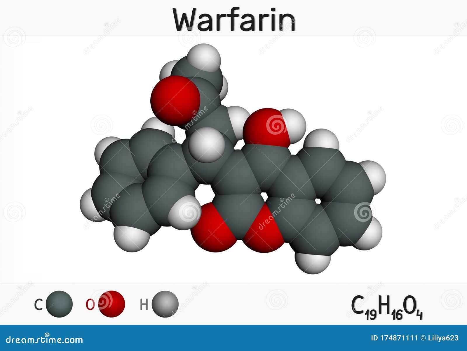 warfarin, c19h16o4 molecule. warfarin is an anticoagulant drug normally used to prevent blood clot formation. molecular model