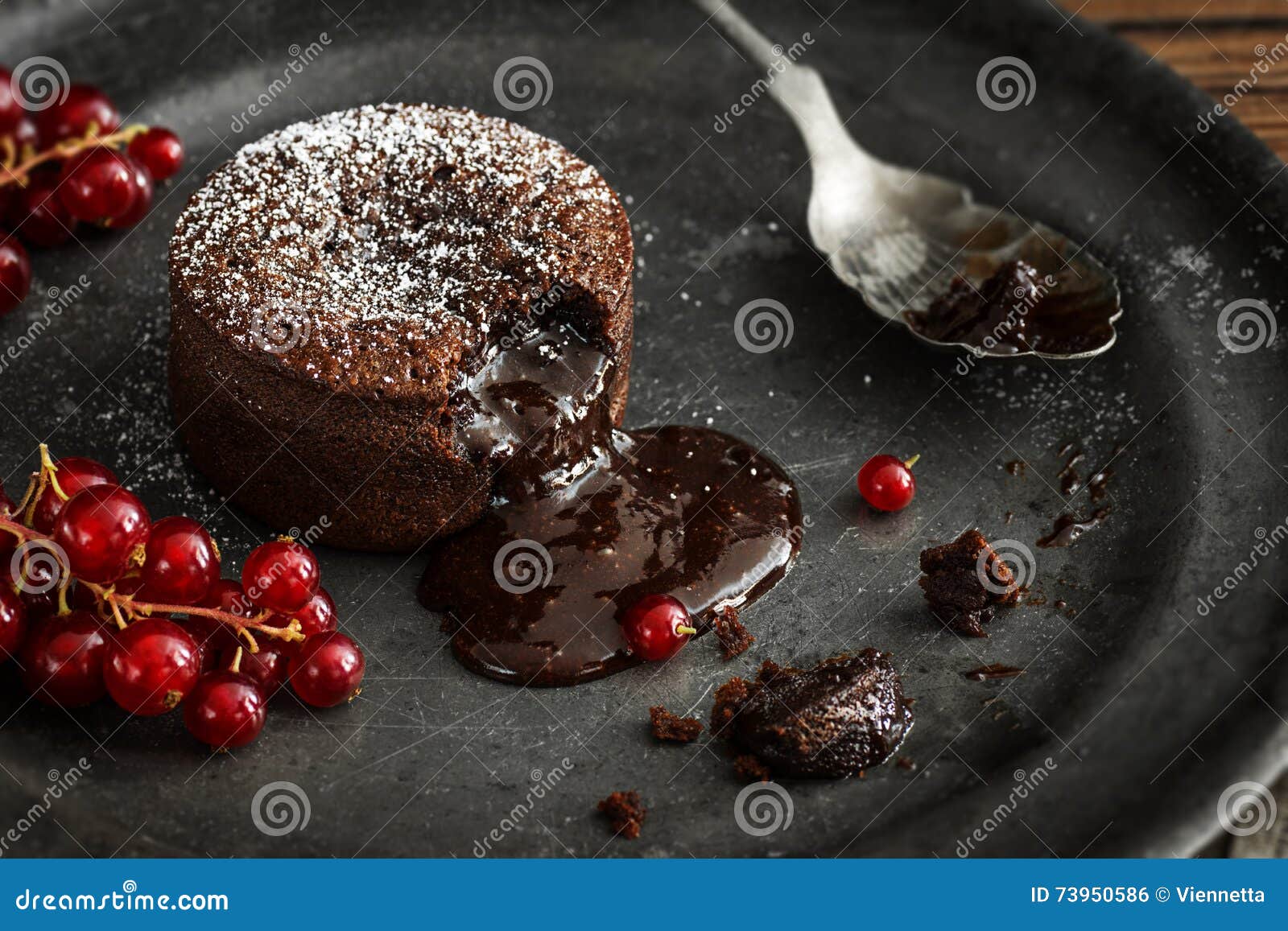 warm chocolate lava cake with red currants