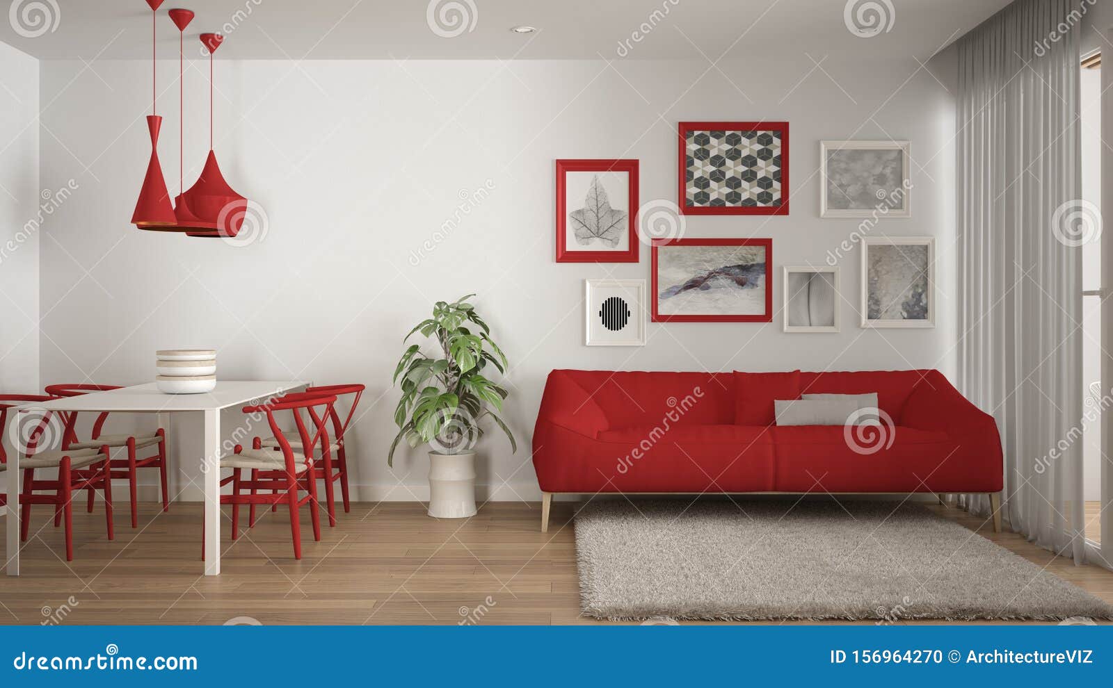 warm and confortable colored white and red living room with dining table, sofa and fur carpet, potted plant and parquet floor,